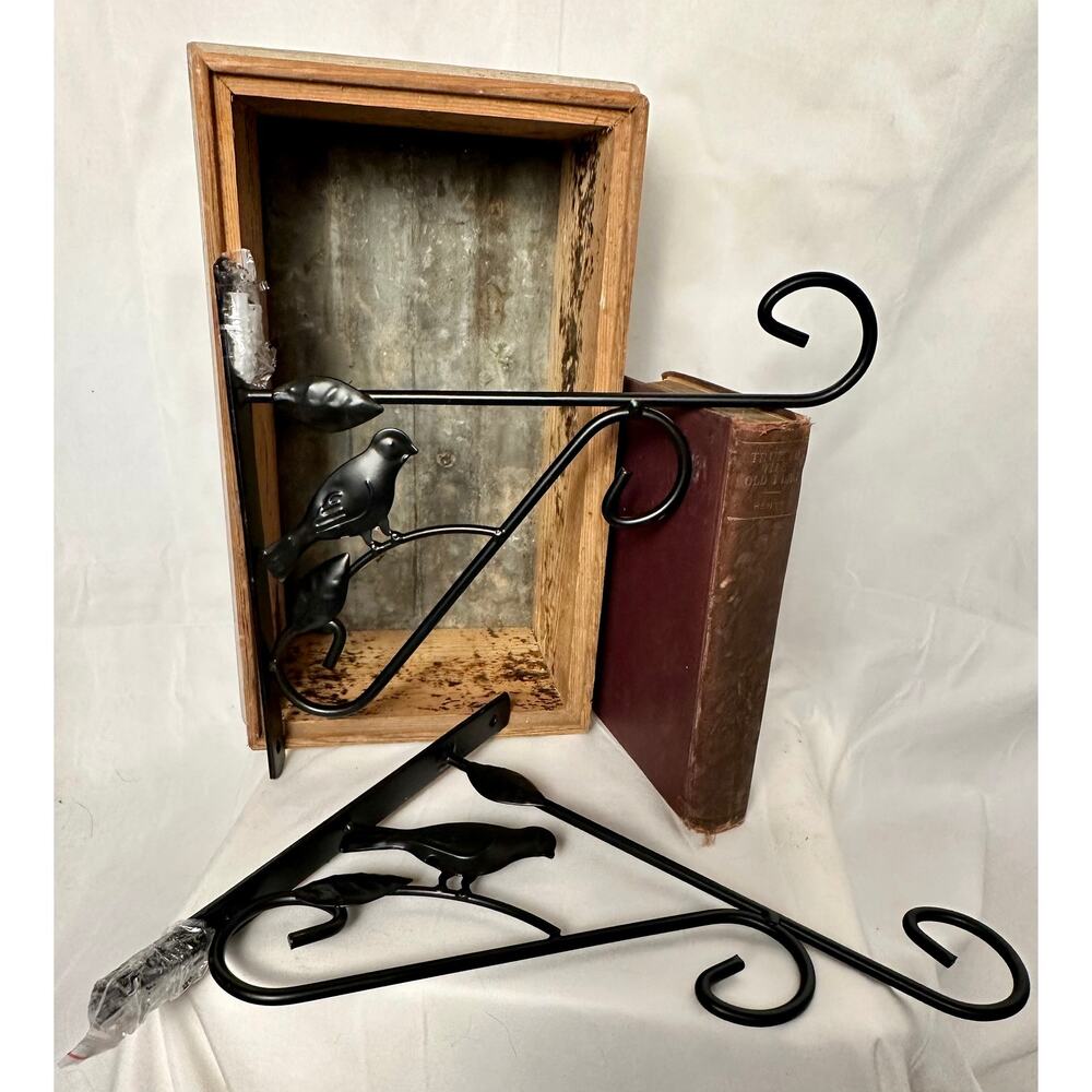 Two Decorator Wall Brackets Hangars Black Metal with Leaves and a Bird
